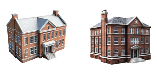 3D model of a brick school building, on a Transparent background