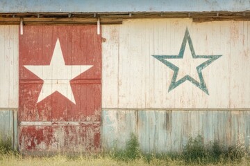 Texas Flag Painted on a Rustic Barn Door With Green Pastures and Clear Sky Creating a Serene Country Atmosphere
