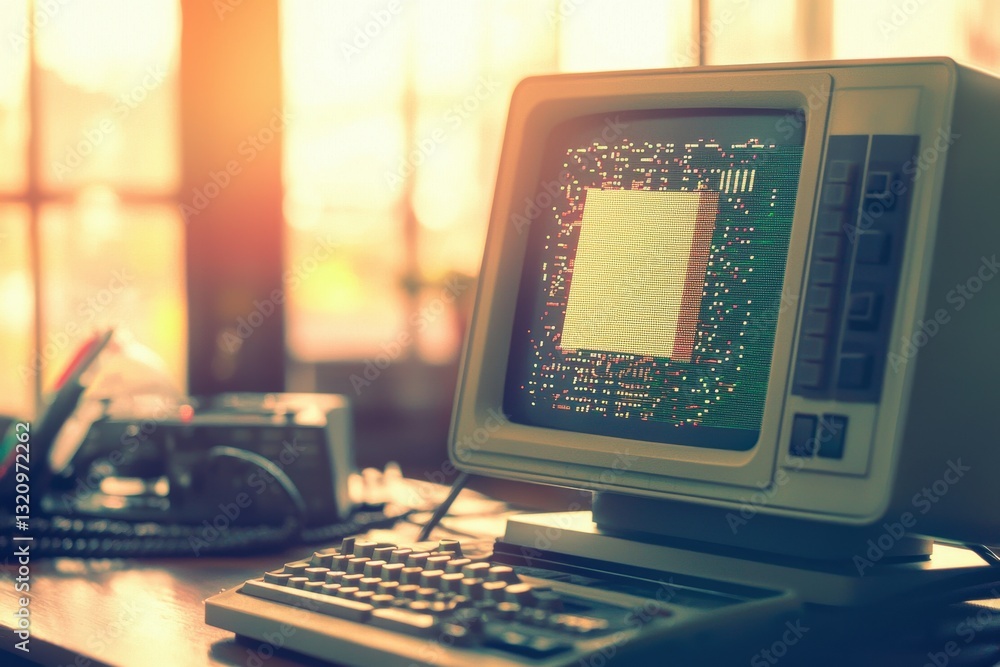 Poster a vintage computer with a retro design displaying a circuit board pattern on the screen, evoking a n