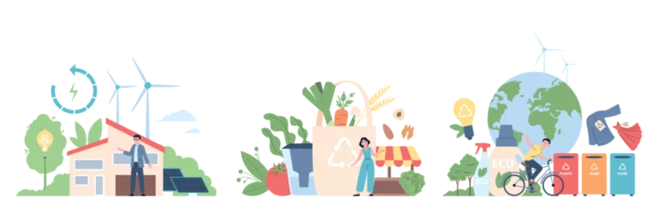 Gordijnen Eco daily habits flat concept. Eat organic farm food and drink clean water, economy energy, using recycled items. Healthy lifestyle recent vector scenes © LadadikArt