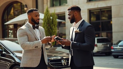 Elegant african american gentlemen exchanging car keys in front of luxury hotel, urban scene