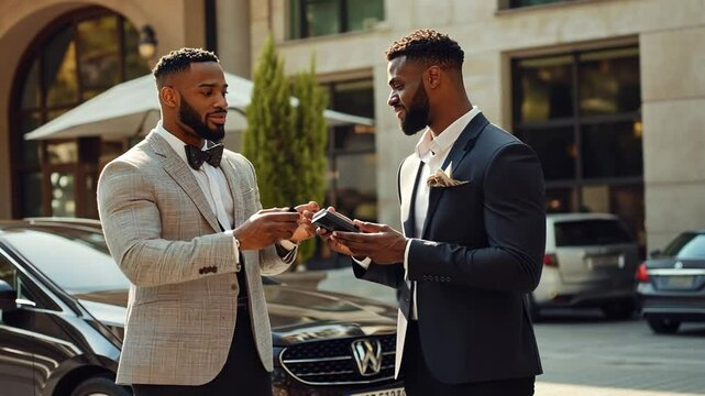 Elegant african american gentlemen exchanging car keys in front of luxury hotel, urban scene