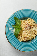 Delicious pasta with meat. Top view