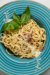 Delicious pasta with meat. Top view