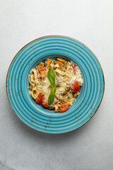 Delicious pasta with meat. Top view