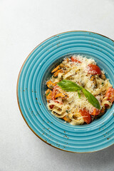 Delicious pasta with meat. Top view