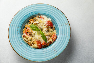 Delicious pasta with meat. Top view