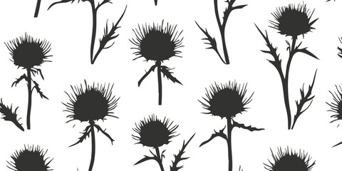 Black silhouette thistle pattern on white background, seamless floral design.