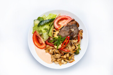 Delicious pasta with meat. Top view