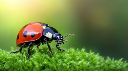 Fototapeta premium A stunning ladybug standing on vibrant green moss illustrates the intricate beauty of nature, capturing a moment of interaction between insect and foliage.
