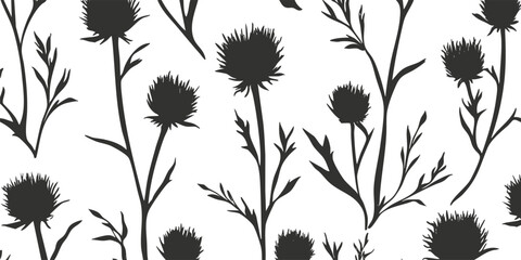 Seamless black and white thistle floral pattern illustration.