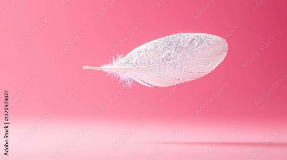 Poster Pastel color illustration abstract background idea. A soft white feather gently floating against a pastel pink background.
