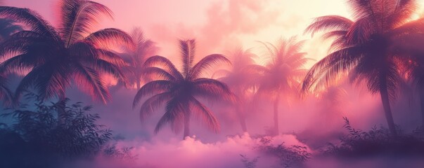 Naklejka premium Tropical palm trees in vibrant sunset mist with lush foliage and ethereal atmosphere