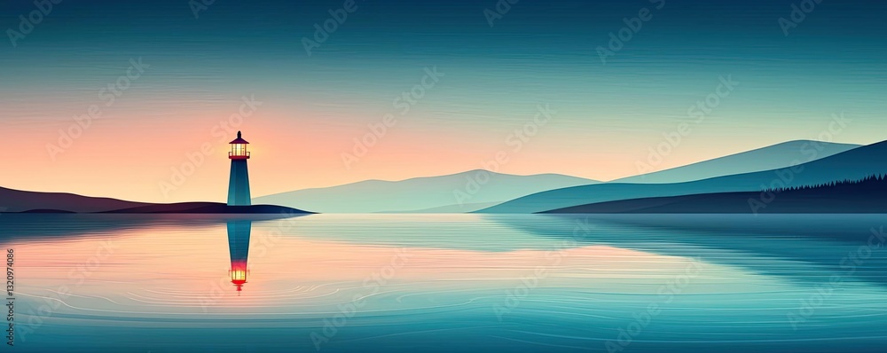 Poster waterscape abstract background idea. a serene lighthouse stands majestically against a tranquil suns