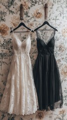 Two elegant dresses hanging against floral patterned wallpaper background