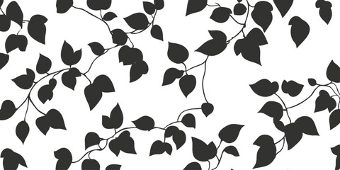 Black and white leaf pattern with vine silhouettes on a seamless background. © vadymstock