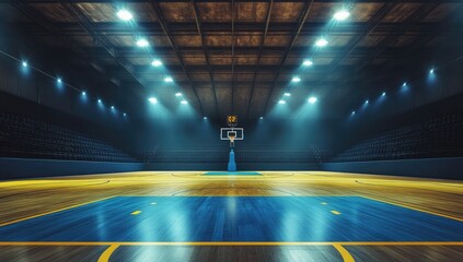 Empty basketball arena under powerful stadium lights.  Spacious court with blue and yellow markings.  Dark interior with rows of seating