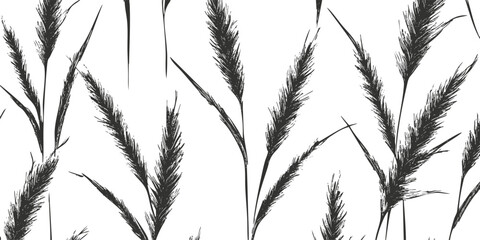 Seamless black and white botanical pattern with grass silhouettes.