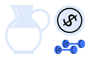 Glass water pitcher, dollar sign in a circle, and dumbbells emphasizing wellness, wealth, and health. Ideal for fitness, nutrition, lifestyle investment economy self-care balance themes. Simple