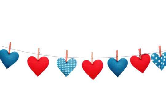 red blue hearts hanging on clothesline on transparent background