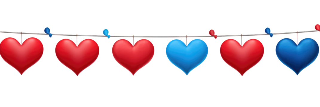 red blue hearts hanging on clothesline on transparent background