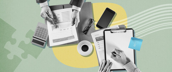 Business people working together creative collage