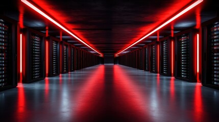 This image showcases a futuristic server room, illuminated by striking red LEDs, emphasizing a modern and technological atmosphere that conveys efficiency and power.