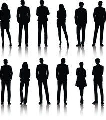 Vector silhouettes of men and a women, a group of standing business people, black color isolated on white background