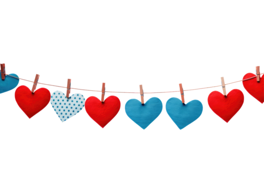 red blue hearts hanging on clothesline on transparent background