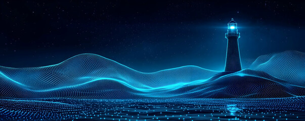 Night lighthouse, digital landscape, guidance