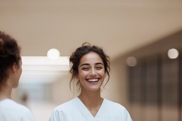 Brightly lit hallway features joyful healthcare worker radiating