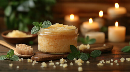 Sugar Scrub and Mint with Candlelit Spa Ambiance on Wooden Surface. Exfoliation