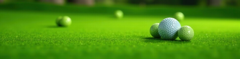 Obraz premium Several golf balls resting on lush green artificial putting green , game of golf, golfing, sports