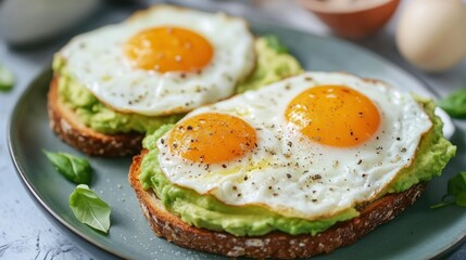 Two slices of toast topped with avocado and fried eggs
