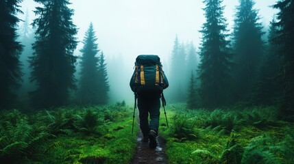 A solitary hiker traverses a lush, misty forest trail, encapsulating the spirit of adventure and exploration amidst towering trees and vibrant greenery.