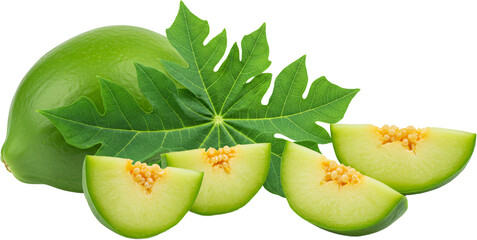 Papaya fruit with leaves isolated on a white background