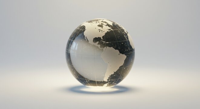 Glass globe depicting the Americas, softly illuminated on a neutral background