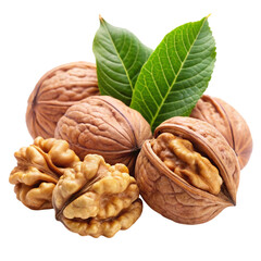Walnuts with Leaves Isolated on White Background
