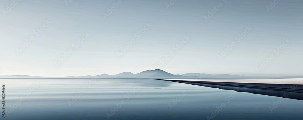 Poster Waterscape abstract background idea. Serene landscape featuring calm waters reflecting distant mountains under a soft sky.