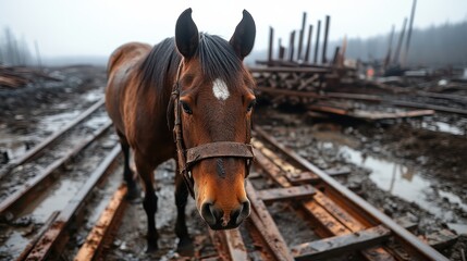 Fototapeta premium A brown horse gazes directly at the camera near a construction site, surrounded by muddy tracks and logs, embodying resilience and curiosity in its rugged environment.