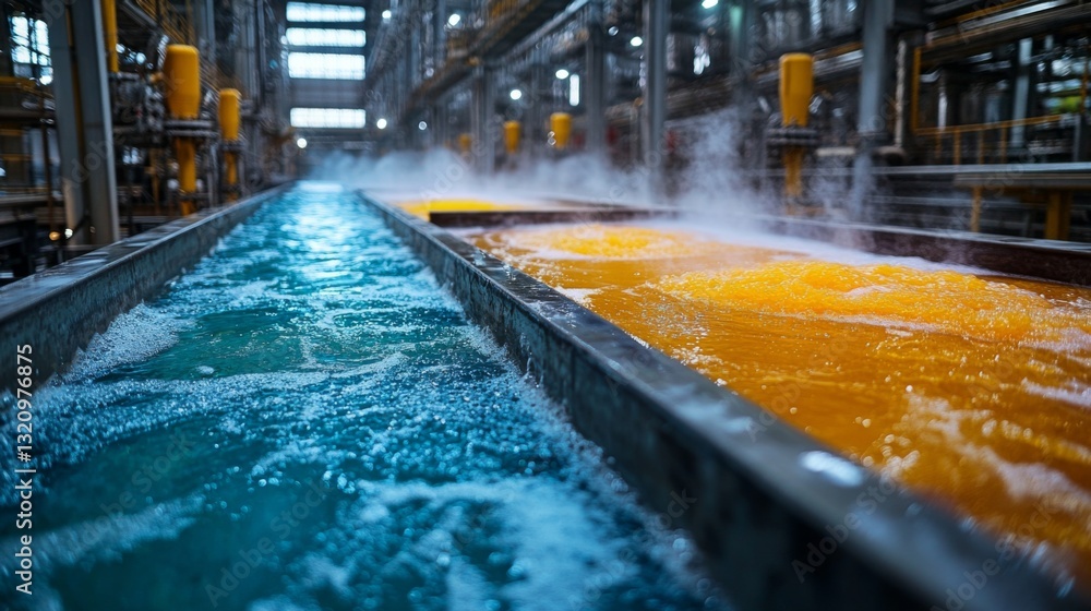 Poster in a factory setting, colorful liquids are processed in large channels, highlighting advanced automa