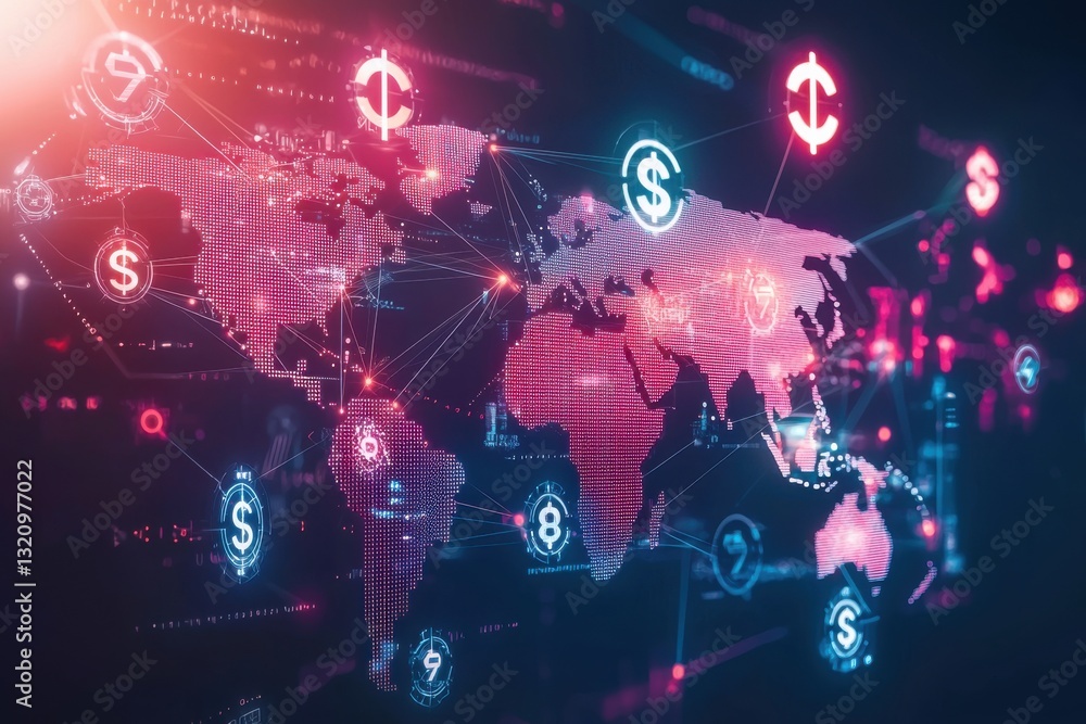 Aufkleber a global network visualization with currency symbols, displaying worldwide financial transactions an
