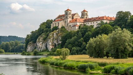 Naklejka premium Tyniec Abbey Aerial View: Stunning Benedictine Monastery on Vistula River, Krakow, Poland