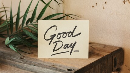 Good Day Note on Rustic Wooden Surface with Tropical Leaf