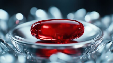 A vibrant red softgel capsule rests on a reflective surface, capturing light and attention, symbolizing health and wellness through its vivid color and glossy finish.
