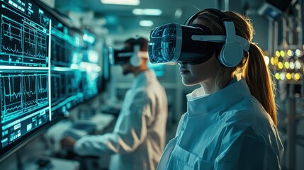 Researchers Using Virtual Reality Headsets in a High-Tech Laboratory with Data Screens