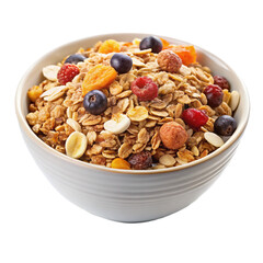 Bowl of Crunchy Granola Muesli Isolated on White Background
