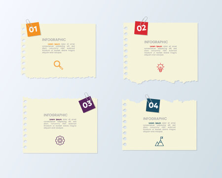 Vector illustration paper cut note infographic template with 4 options or step icons.