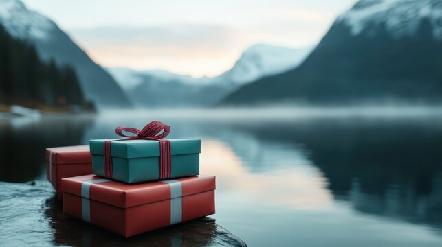 Three beautiful wrapped gift boxes arranged by a calm lake at dusk, providing a serene atmosphere enriched by reflection and the enchanting colors of twilight.
