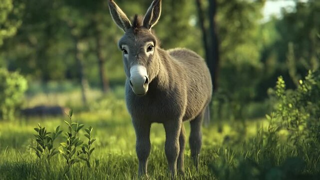 The donkey brayed softly as it trotted along the dusty path, its sturdy frame carrying a load of supplies while its gentle eyes reflected a calm and patient demeanor.